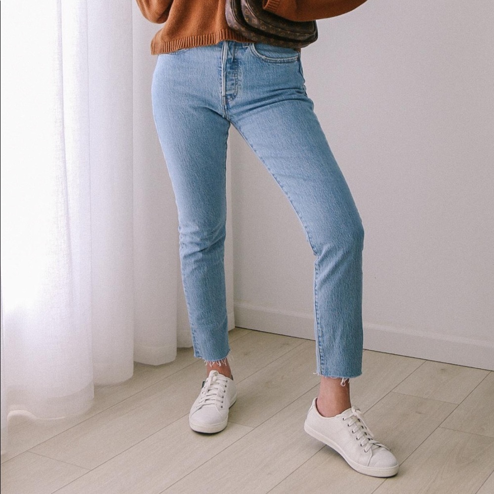 Levis 501 skinny jeans raw hem light blue